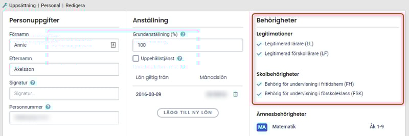 Behörigheter i personalkort