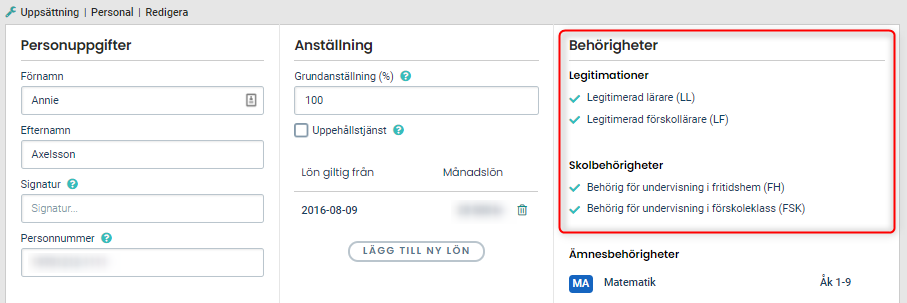 Behörigheter i personalkort