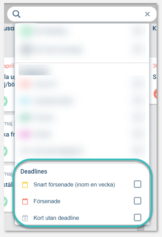 Filtreringsmöjligheter på deadlines