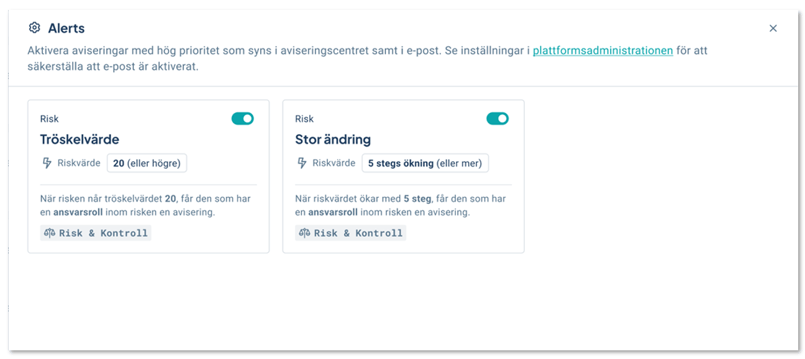 inställningarna för alerts och produkten Risk och Kontroll där en administratör har satt tröskelvärde för risker med värde 20 eller högre samt när en stor ändring sker.