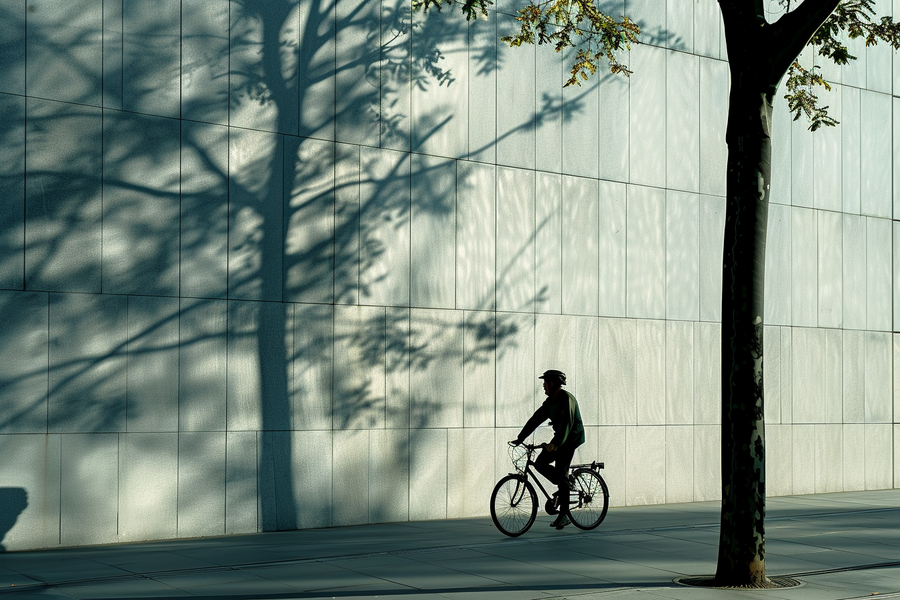 man-bikes-next-to-building