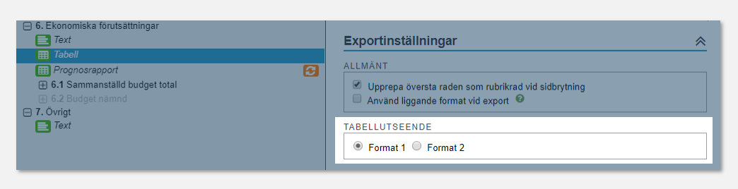 Inställningar liggande export i rapport